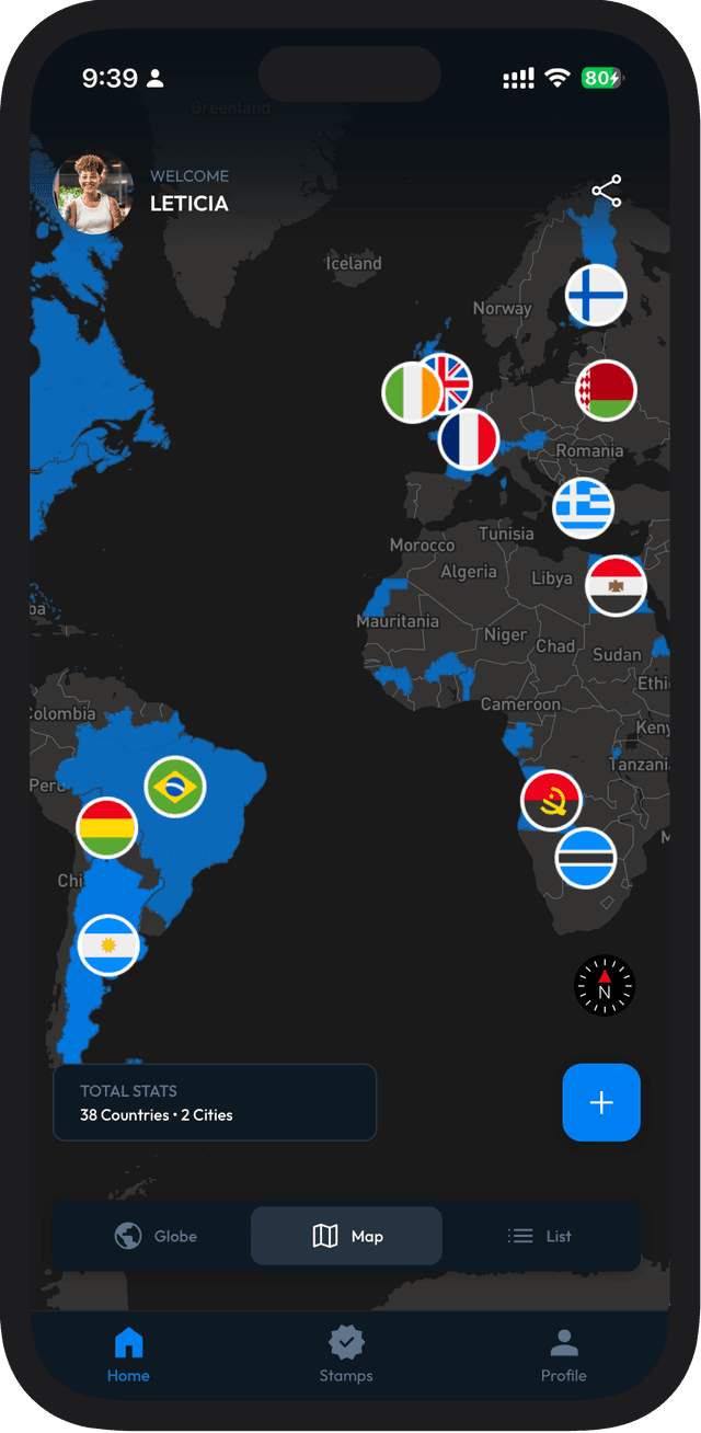 Stamp app showing map view with visited countries
